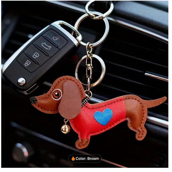 NWT 3D Vegan Leather Dachshund Dog Keychain & Bag Charm | Brown & Red - Picture 2 of 6